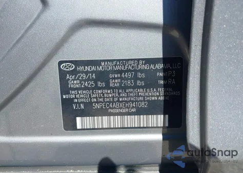 2014 Hyundai Sonata Se 2.0T из США, поврежденный, VIN 5NPEC4ABXEH941082